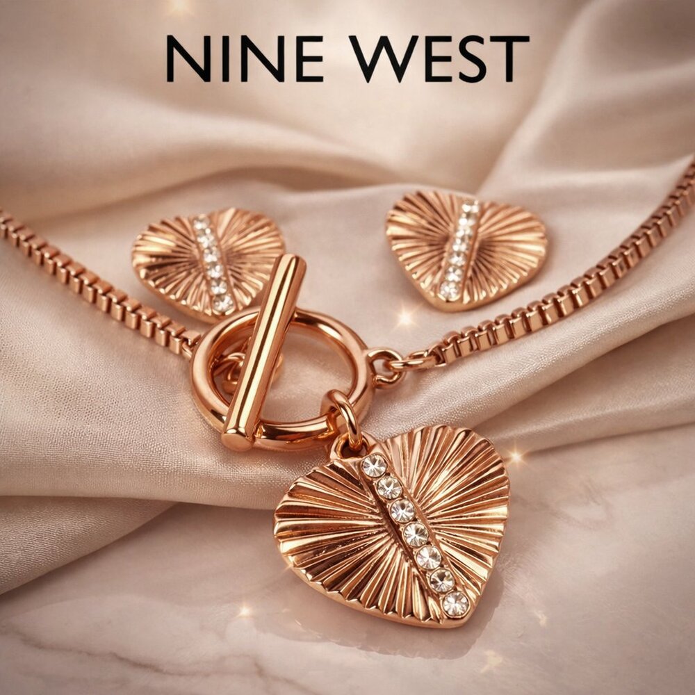 Nine West Rose Gold Heart Jewelry Set Necklace Earrings Rhinestone Toggle Romant